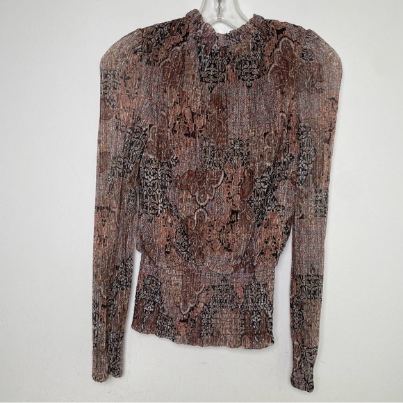 JOIE Semi Sheer Sheer Metallic Long-Sleeve Blouse Smocked Waist Ruffle Neck S - Picture 4 of 15